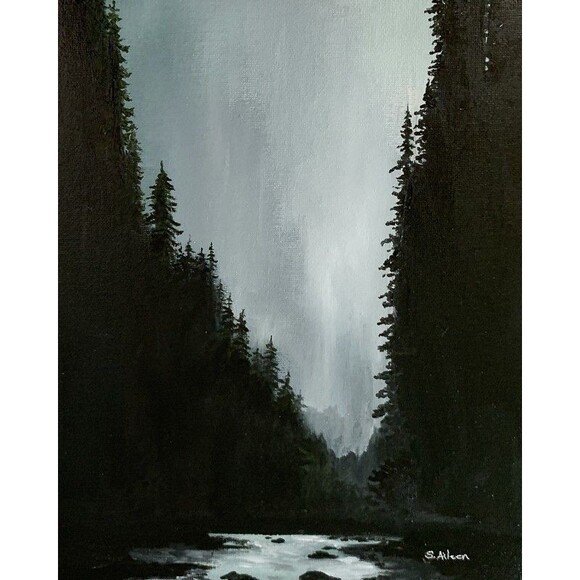 Other - Original 8x10 Oil Painting Moody Pine Forest Stream River Dark Neutral Landscape